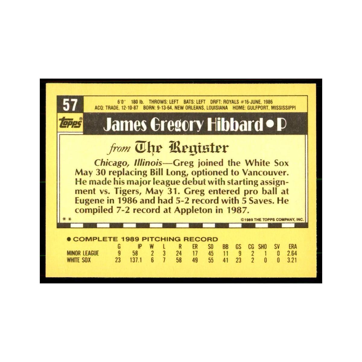 1989 Topps Major League Debut Greg Hibbard Baseball Cards #57
