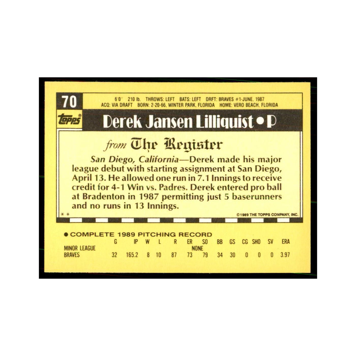 1989 Topps Major League Debut Derek Lilliquist Baseball Cards #70
