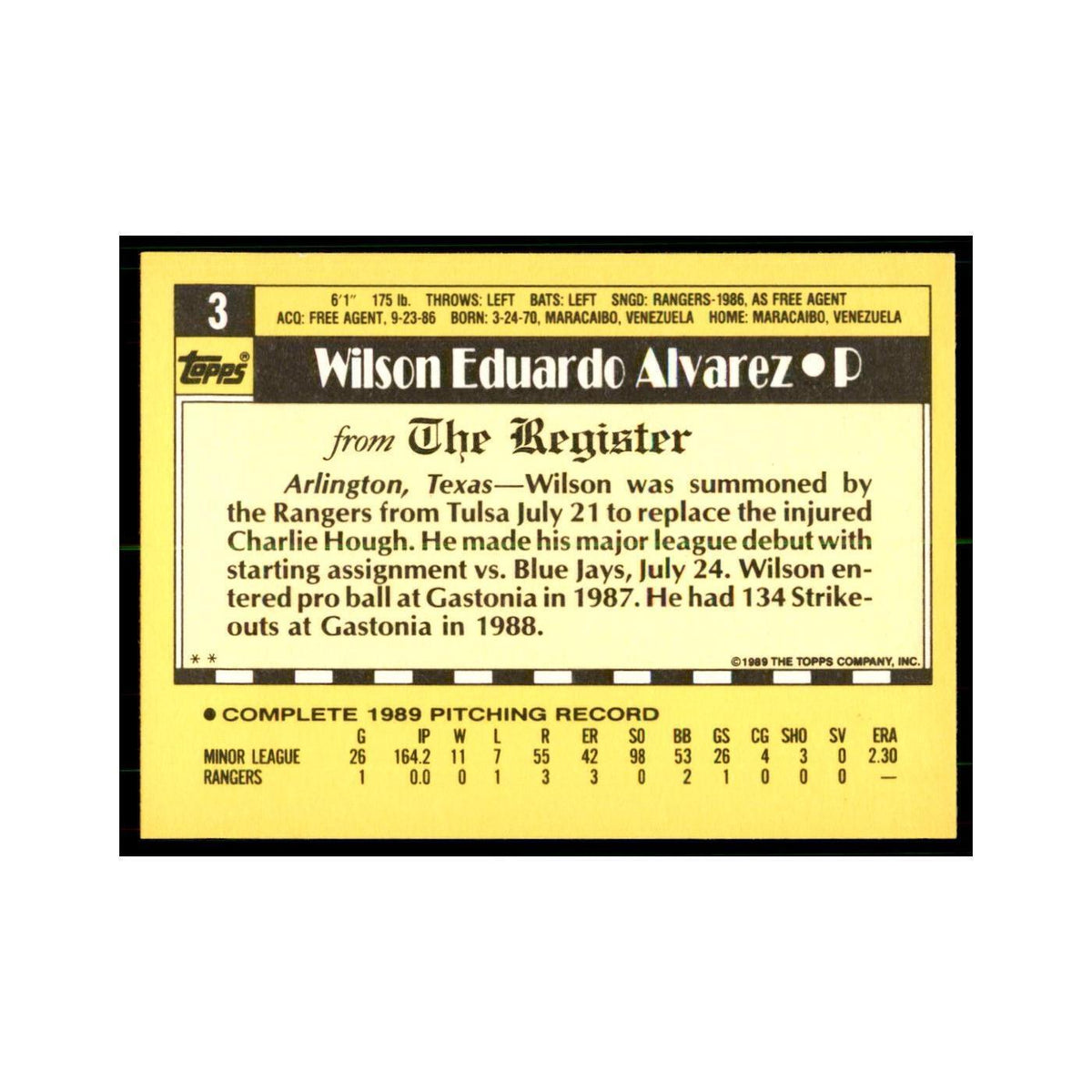 1989 Topps Major League Debut Wilson Alvarez Baseball Cards #3