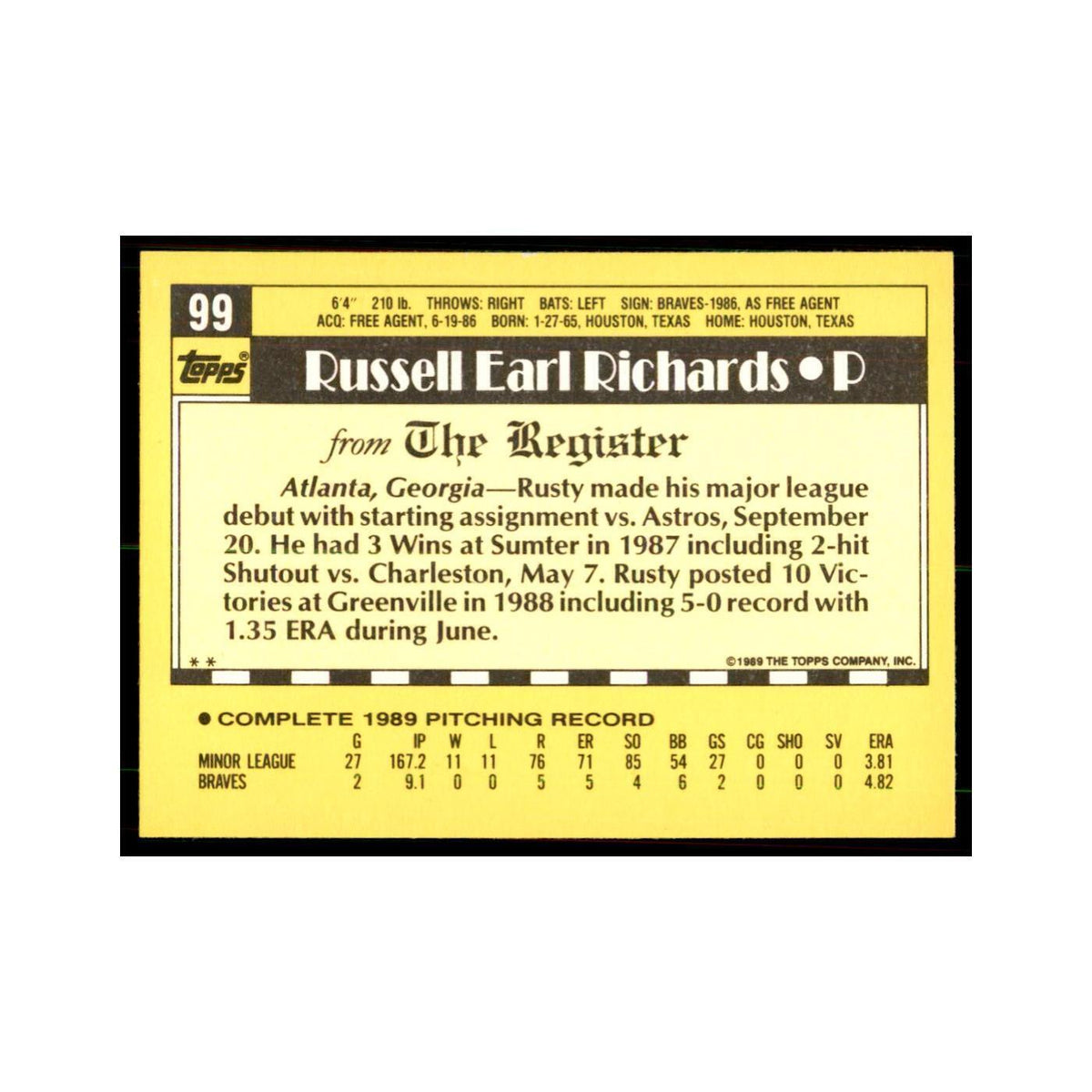 1989 Topps Major League Debut Rusty Richards Baseball Cards #99
