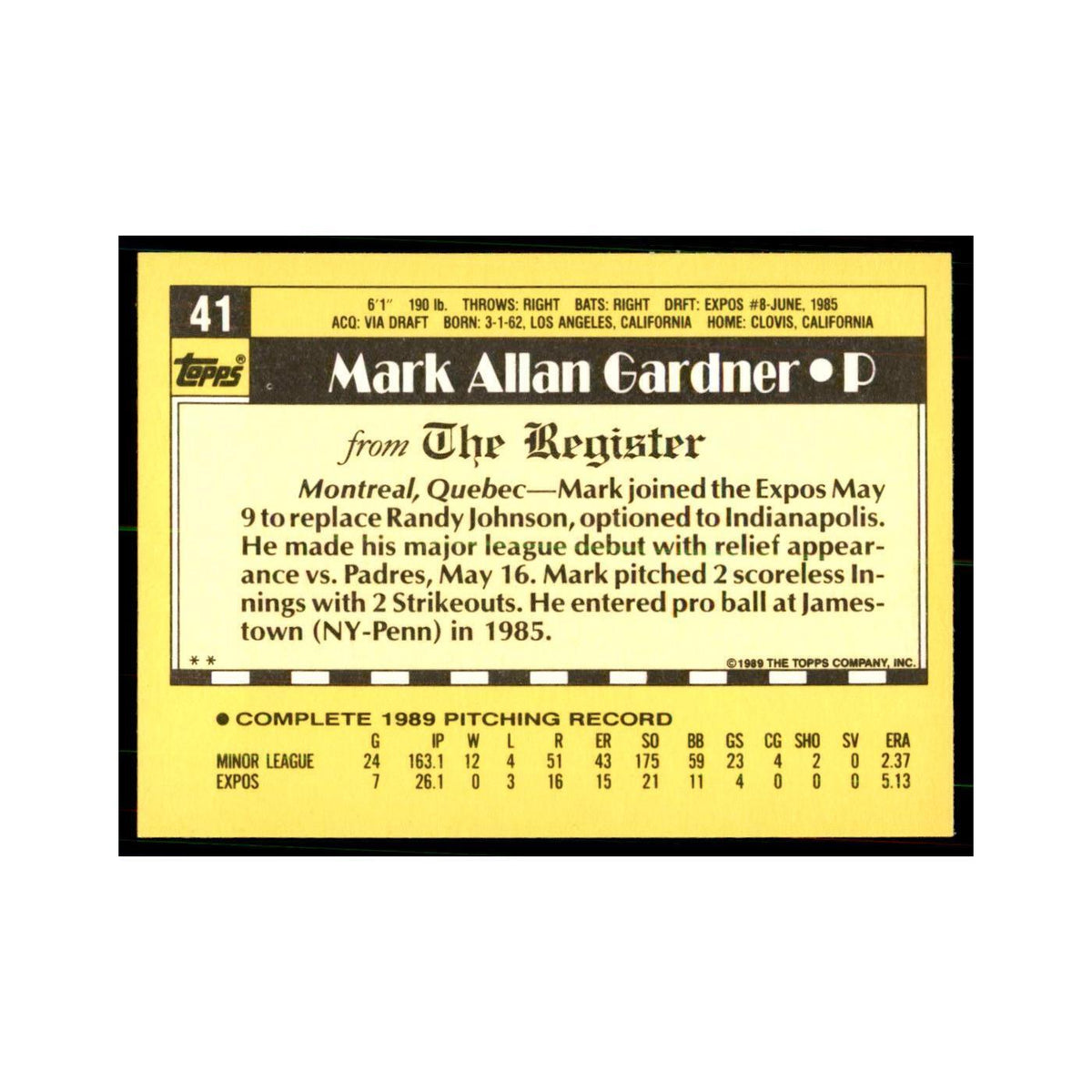 1989 Topps Major League Debut Mark Gardner Baseball Cards #41