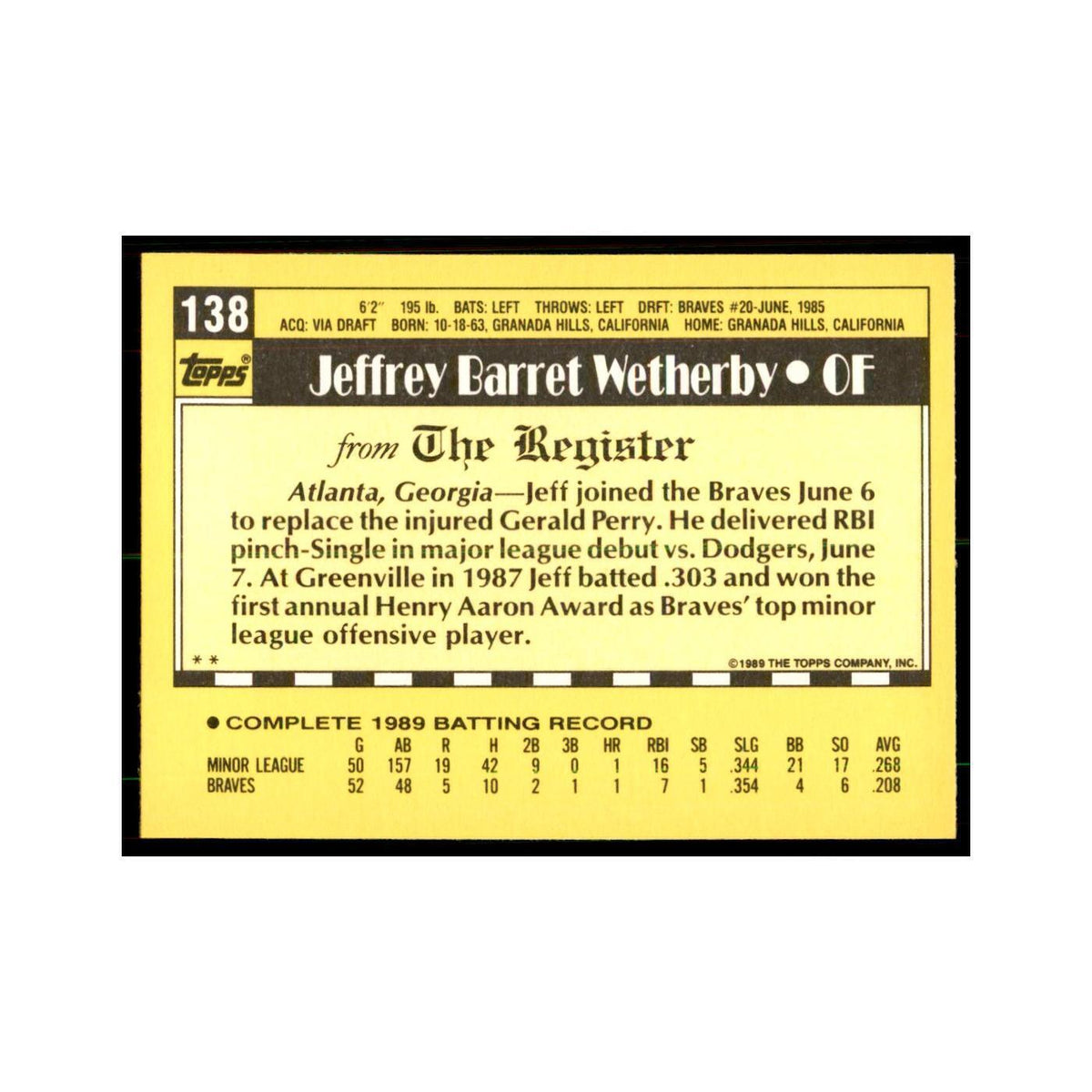 1989 Topps Major League Debut Jeff Wetherby Baseball Cards #138