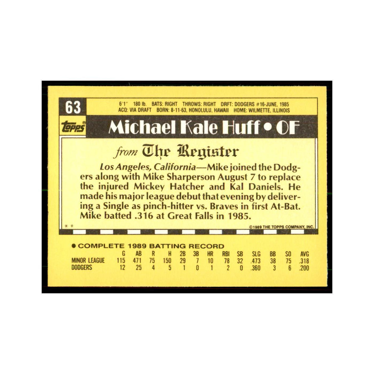 1989 Topps Major League Debut Mike Huff Baseball Cards #63