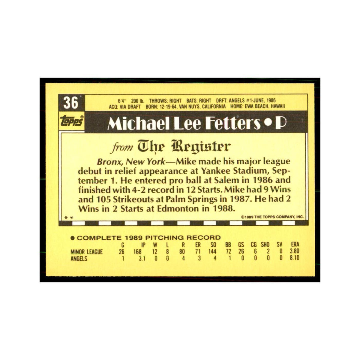 1989 Topps Major League Debut Mike Fetters Baseball Cards #36