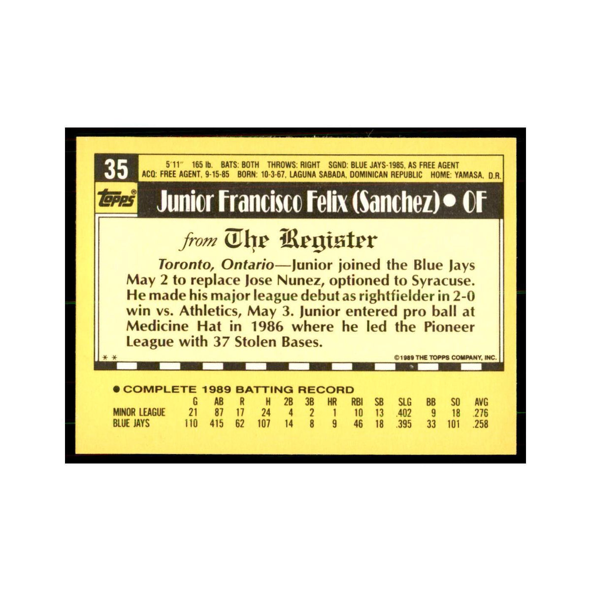1989 Topps Major League Debut Junior Felix Baseball Cards #35