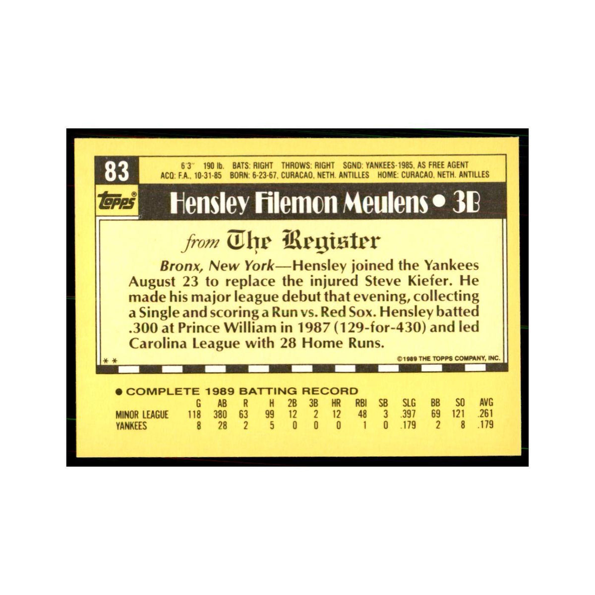 1989 Topps Major League Debut Hensley Meulens Baseball Cards #83
