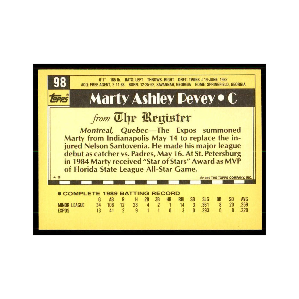 1989 Topps Major League Debut Marty Pevey Baseball Cards #98