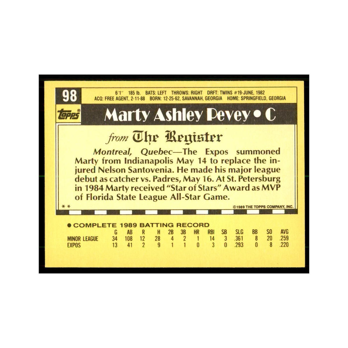 1989 Topps Major League Debut Marty Pevey Baseball Cards #98