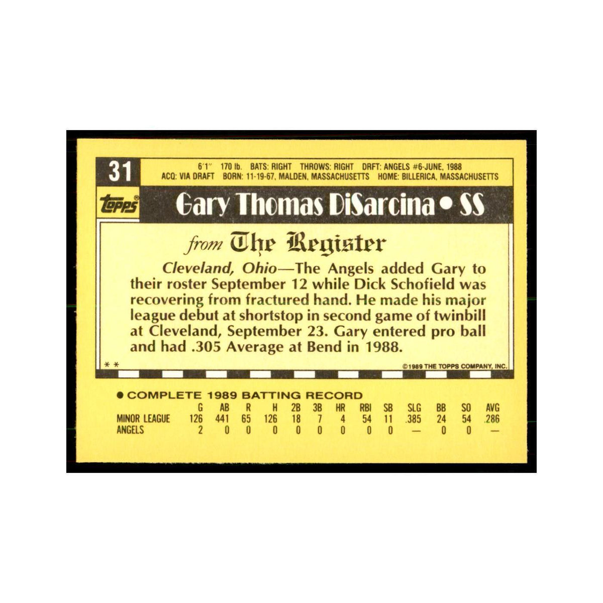 1989 Topps Major League Debut Gary DiSarcina Baseball Cards #31