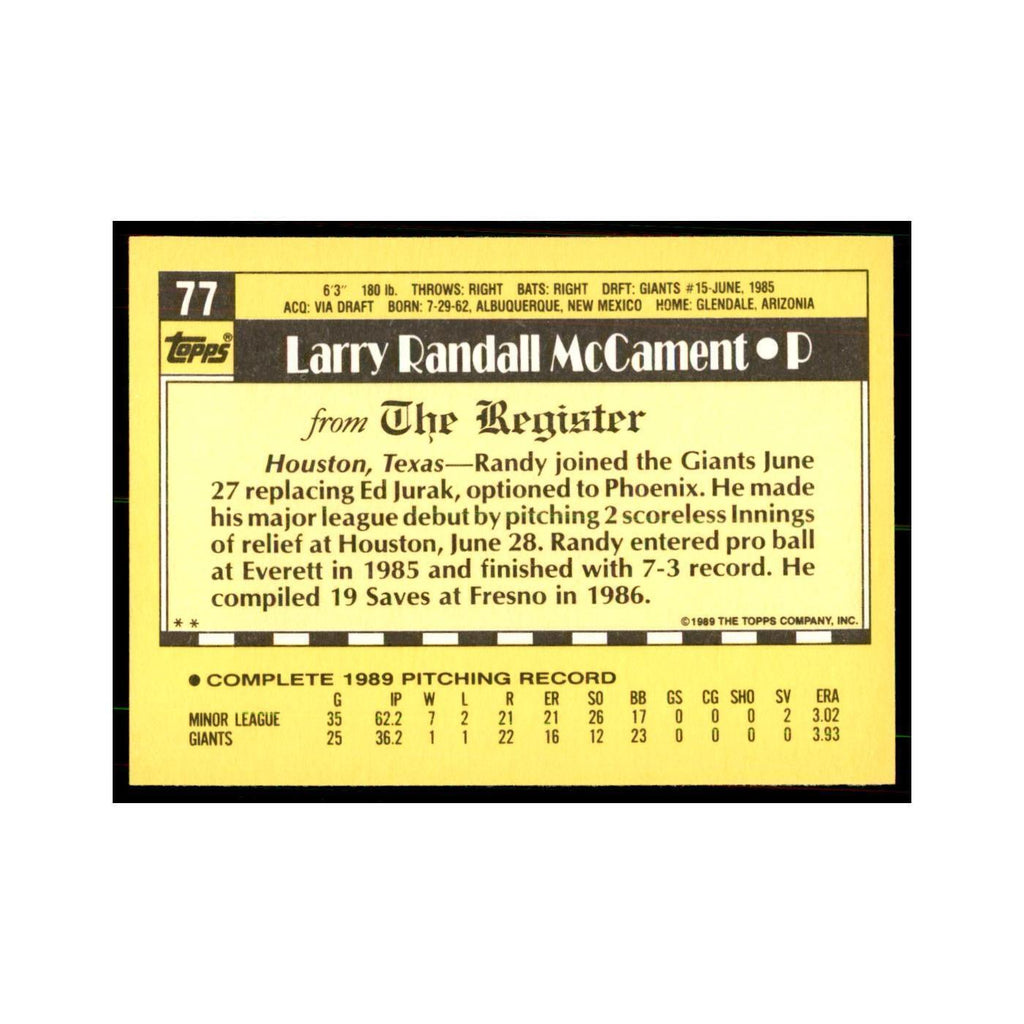 1989 Topps Major League Debut Randy McCament Baseball Cards #77
