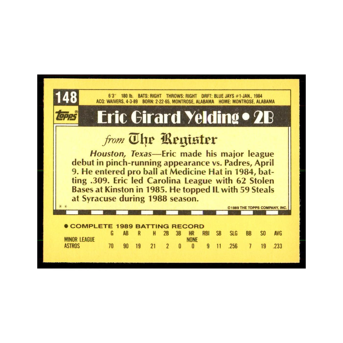 1989 Topps Major League Debut Eric Yelding Baseball Cards #148