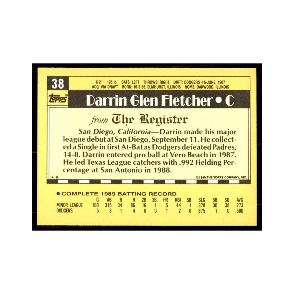 1989 Topps Major League Debut Darrin Fletcher Baseball Cards #38