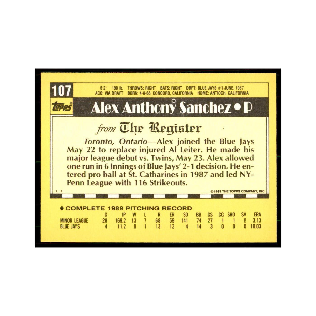1989 Topps Major League Debut Alex Sanchez Baseball Cards #107