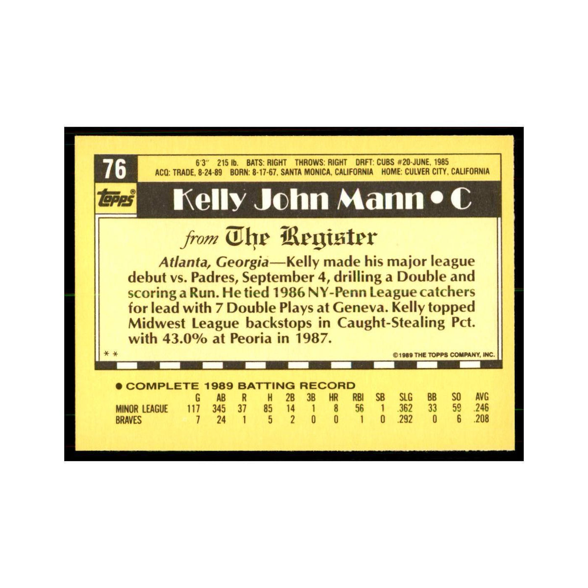 1989 Topps Major League Debut Kelly Mann Baseball Cards #76