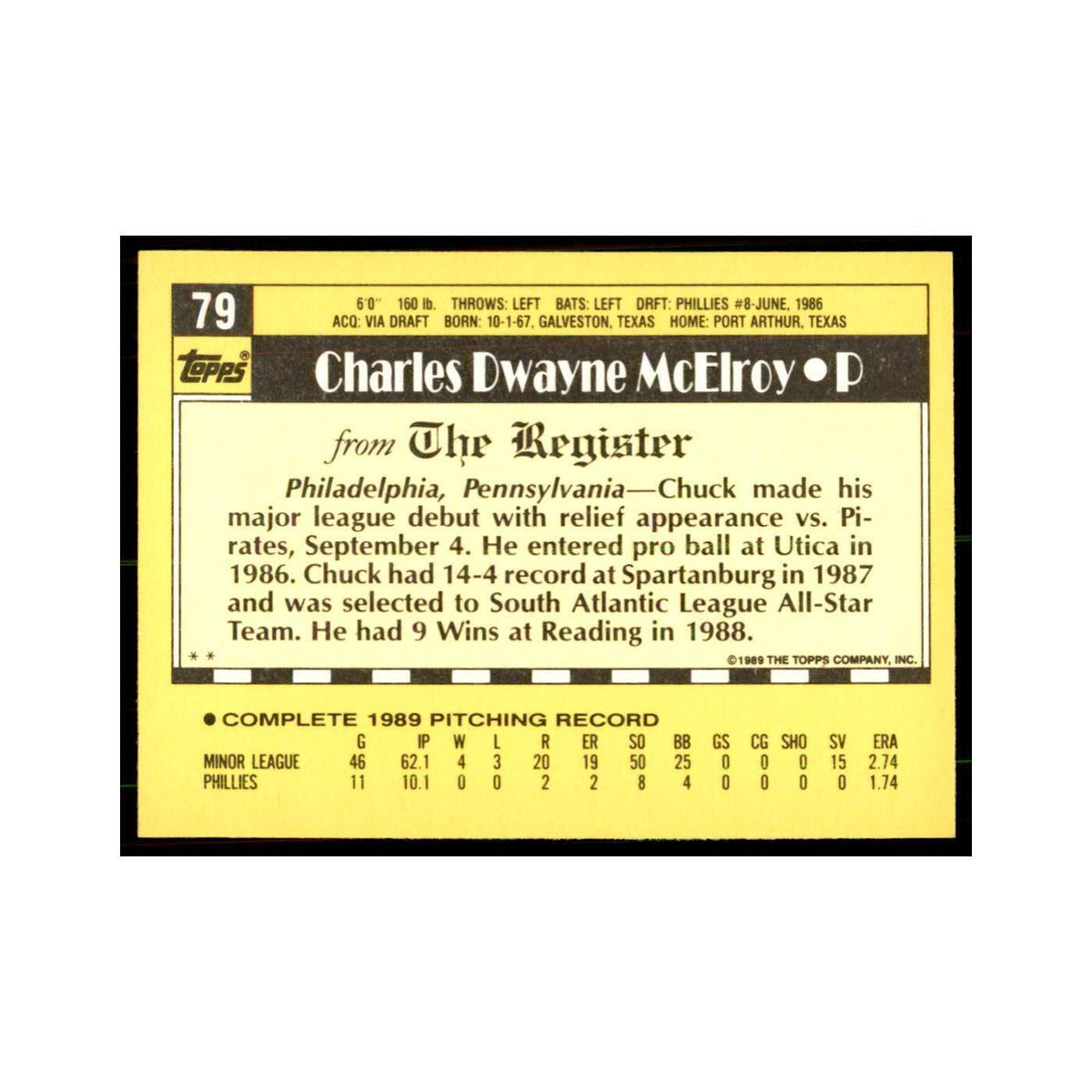 1989 Topps Major League Debut Chuck McElroy Baseball Cards #79