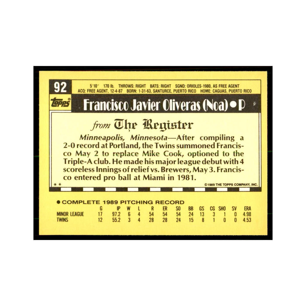 1989 Topps Major League Debut Francisco Oliveras Baseball Cards #92