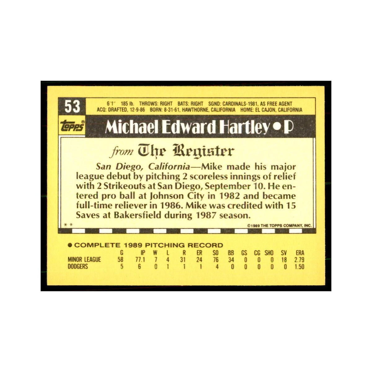 1989 Topps Major League Debut Mike Hartley Baseball Cards #53