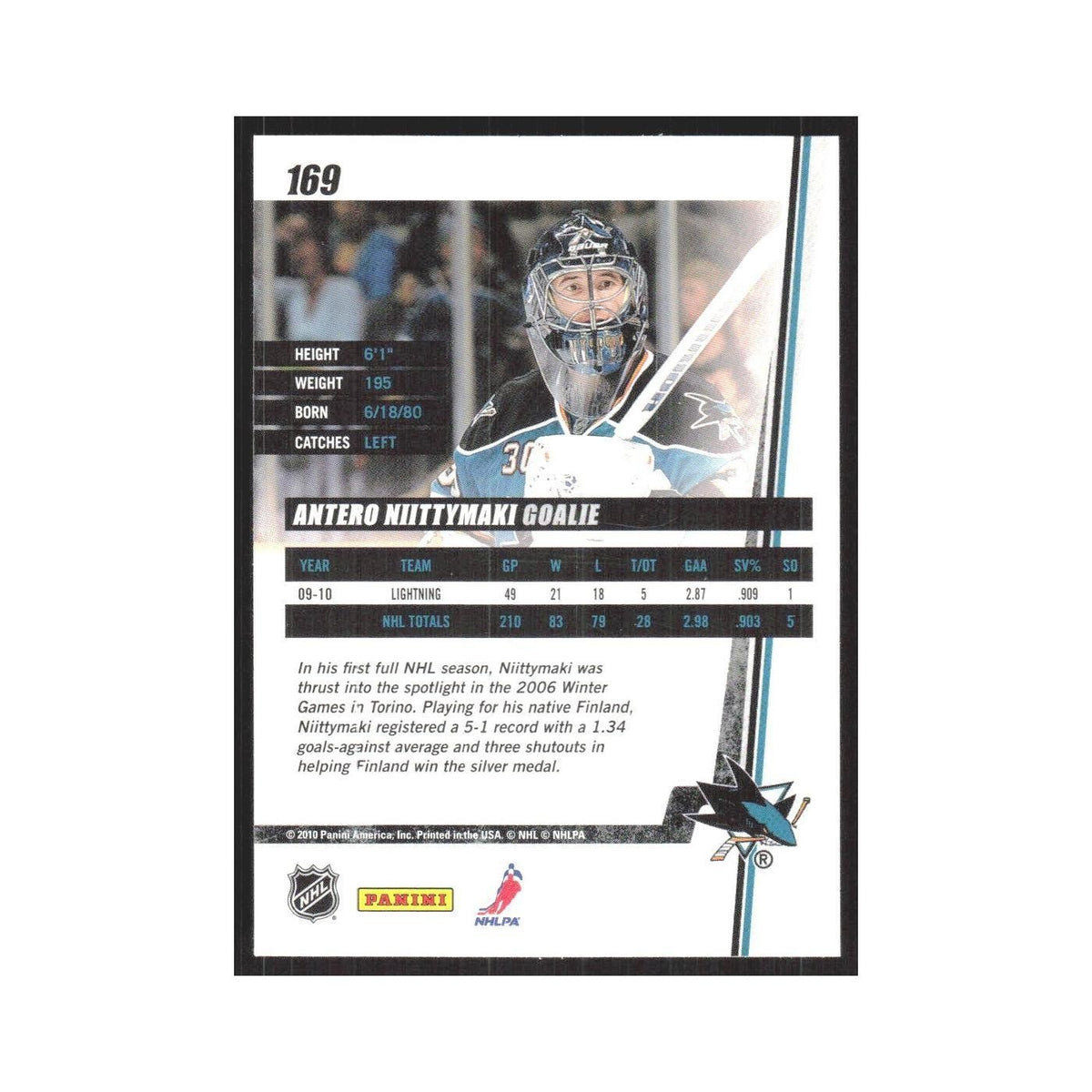 2010 Donruss Antero Niittymaki San Jose Sharks #169