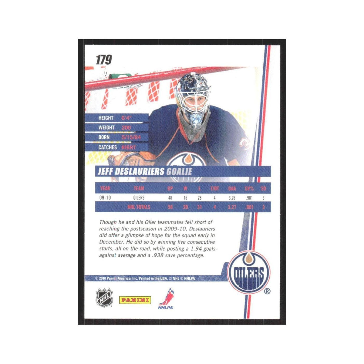 2010 Donruss Jeff Deslauriers Edmonton Oilers #179