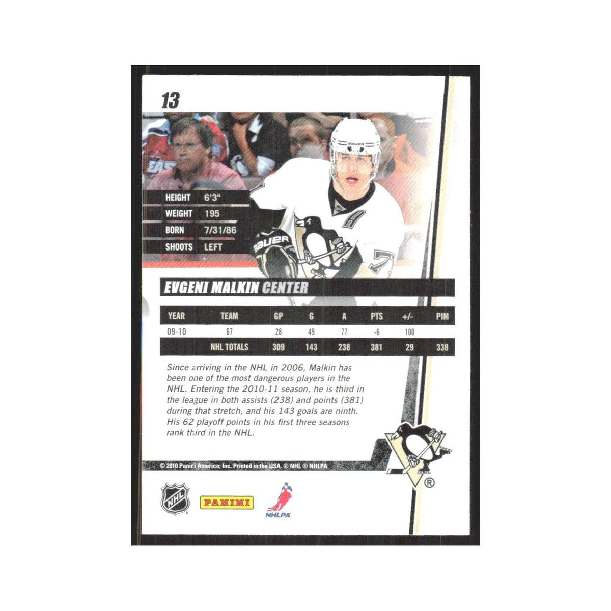 2010 Donruss Evgeni Malkin Pittsburgh Penguins #13