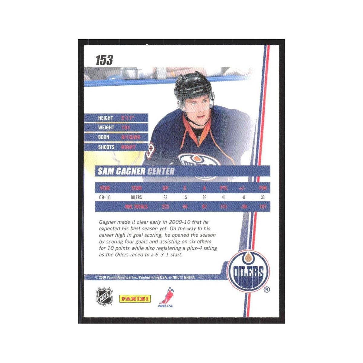 2010 Donruss Sam Gagner Edmonton Oilers #153