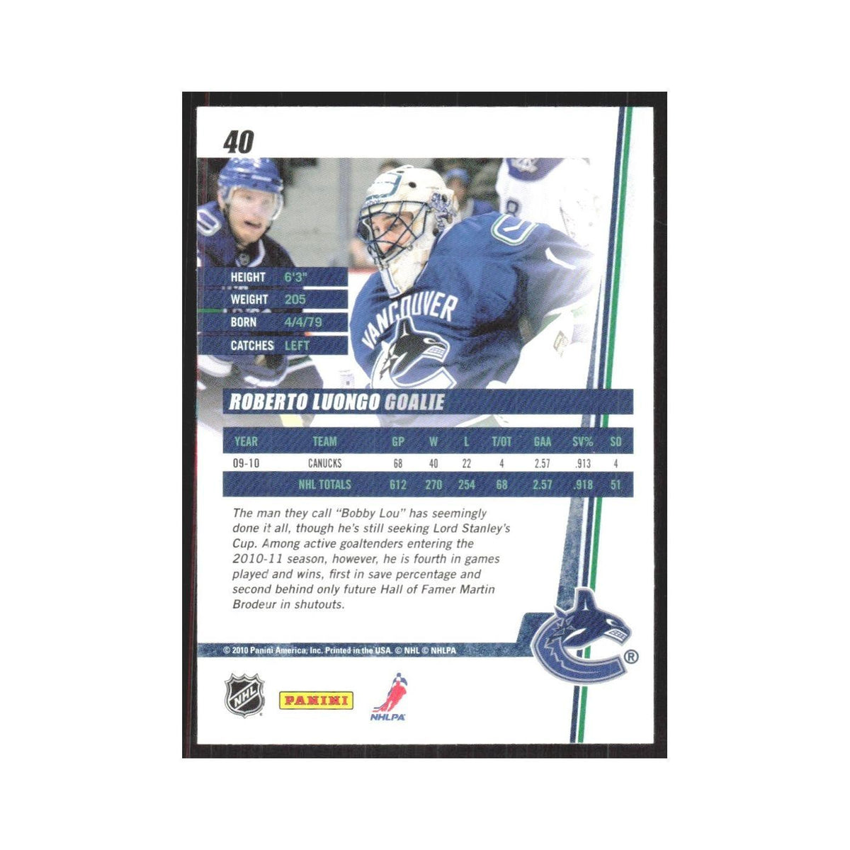 2010 Donruss Roberto Luongo Vancouver Canucks #40