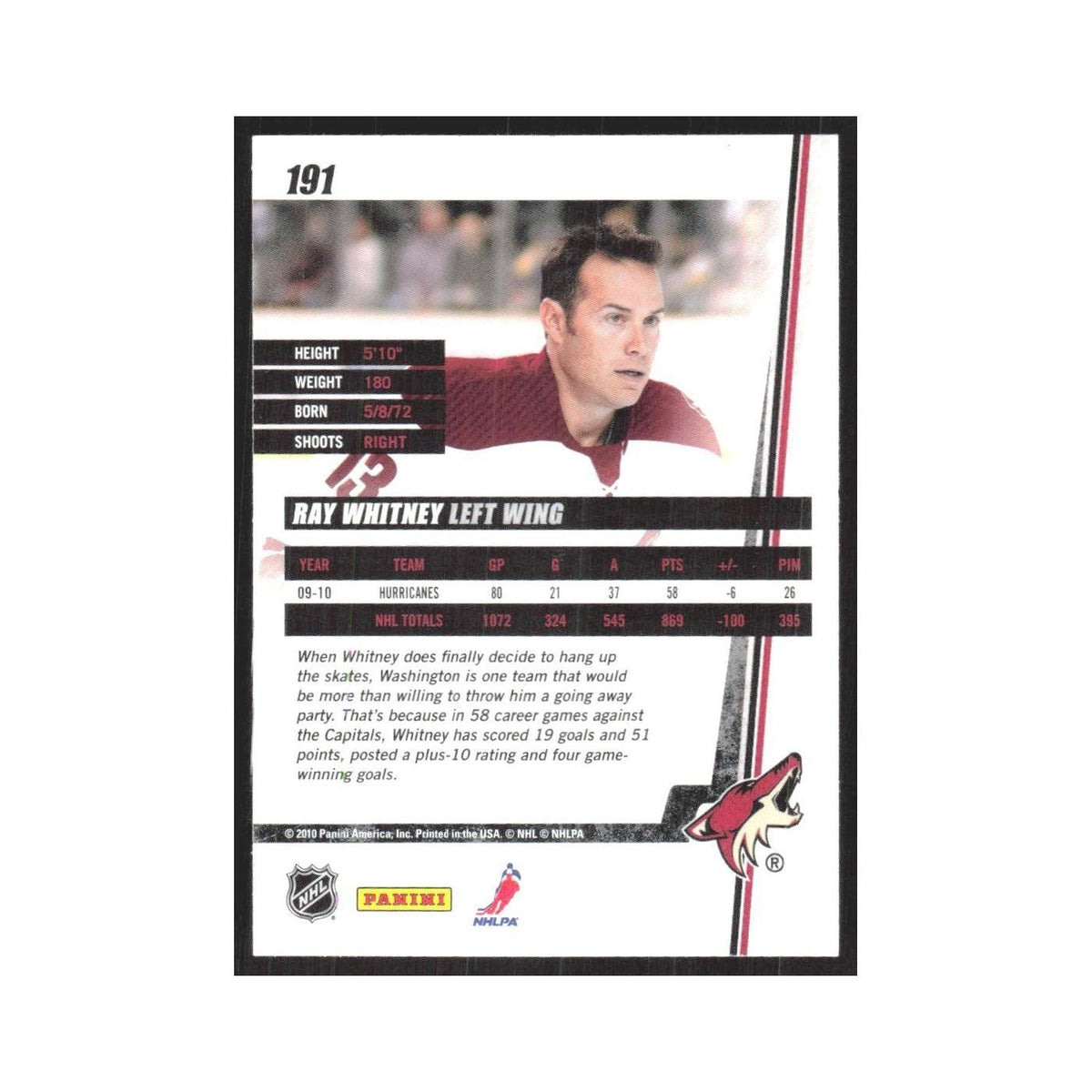 2010 Donruss Ray Whitney Phoenix Coyotes #191