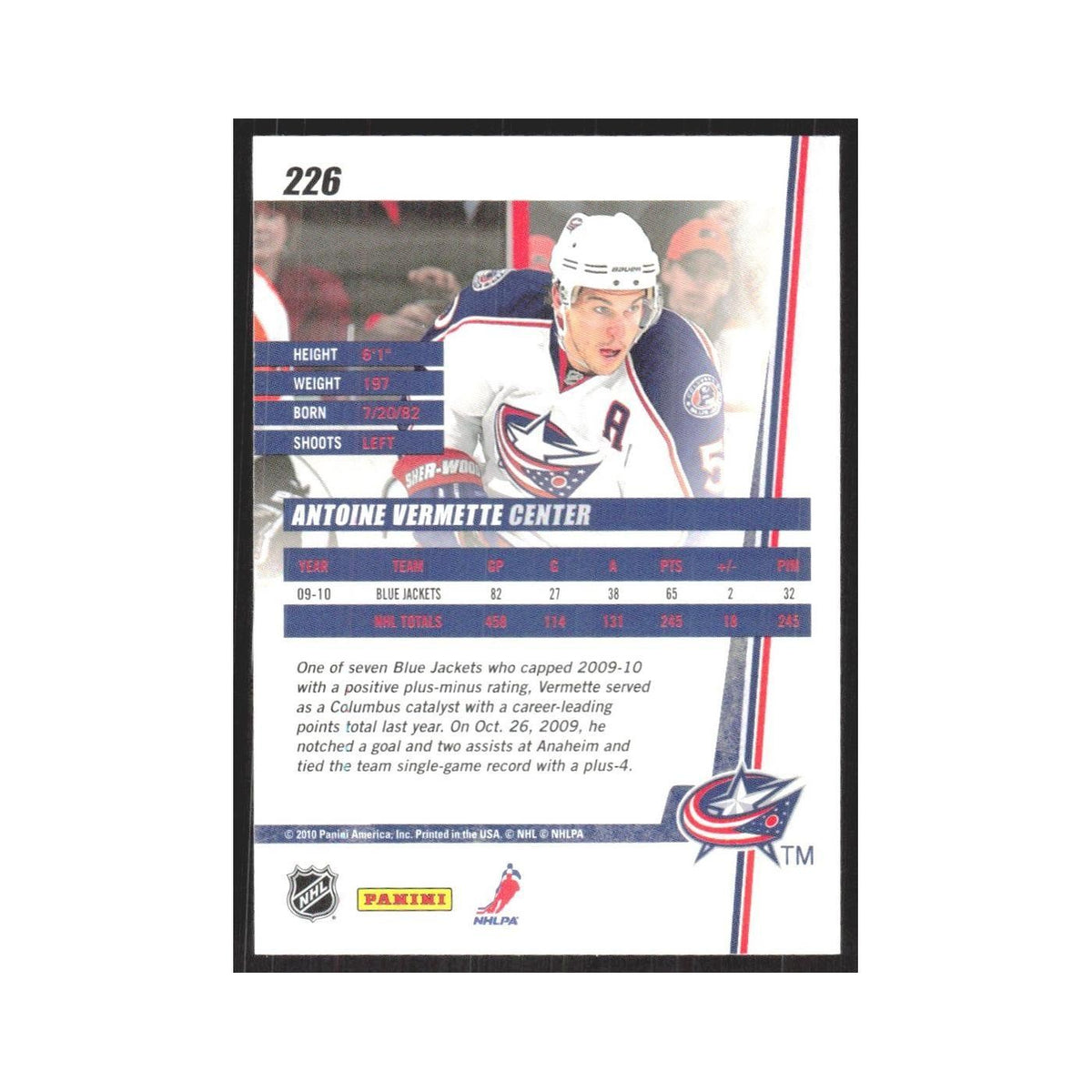 2010 Donruss Antoine Vermette Columbus Blue Jackets #226