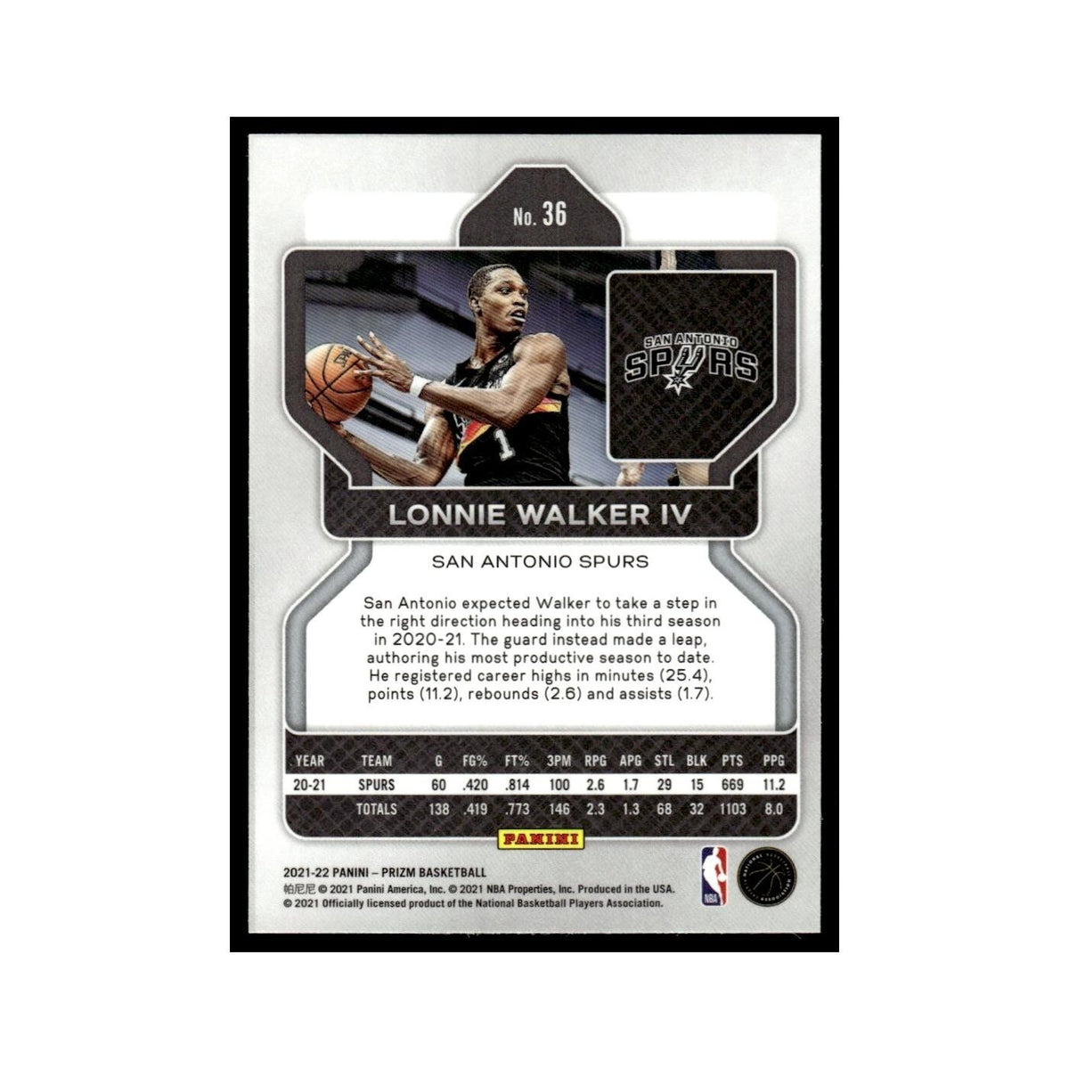 Lonnie Walker IV 2021 Panini Prizm #36 San Antonio Spurs Basketball Card NM