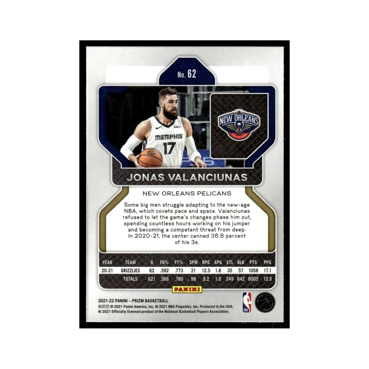 Jonas Valanciunas 2021 Panini Prizm #62 New Orleans Pelicans Basketball Card NM