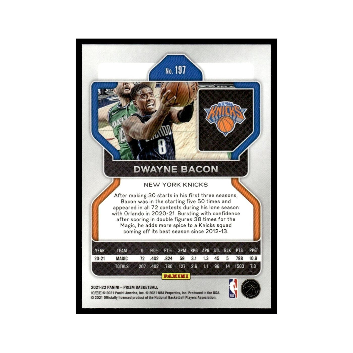 Dwayne Bacon 2021 Panini Prizm #197 New York Knicks Basketball Card NM