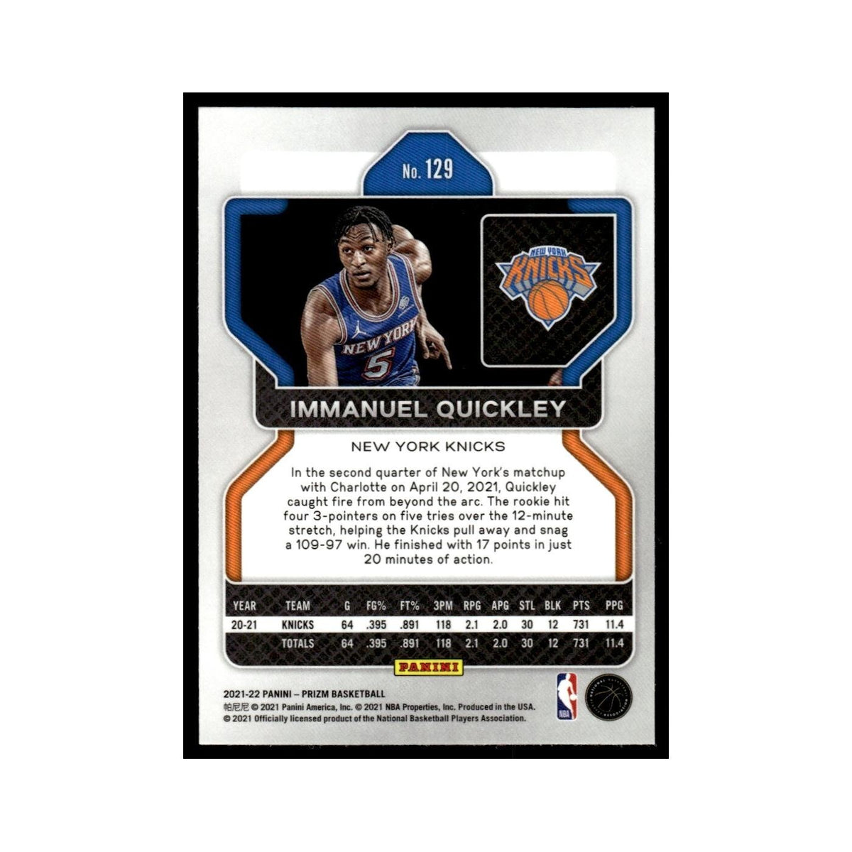 Immanuel Quickley 2021 Panini Prizm #129 New York Knicks Basketball Card NM