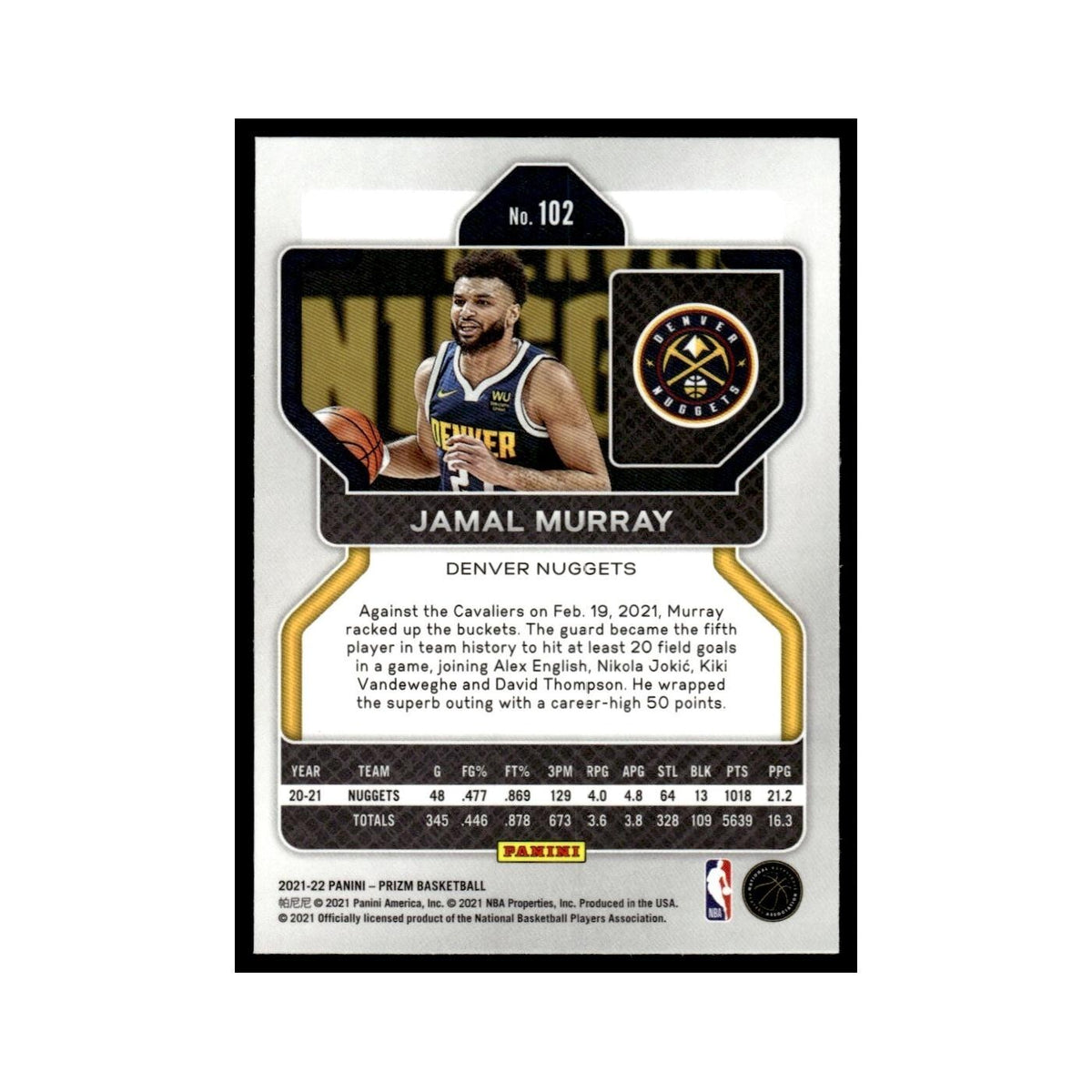 Jamal Murray 2021 Panini Prizm #102 Denver Nuggets Basketball Card NM