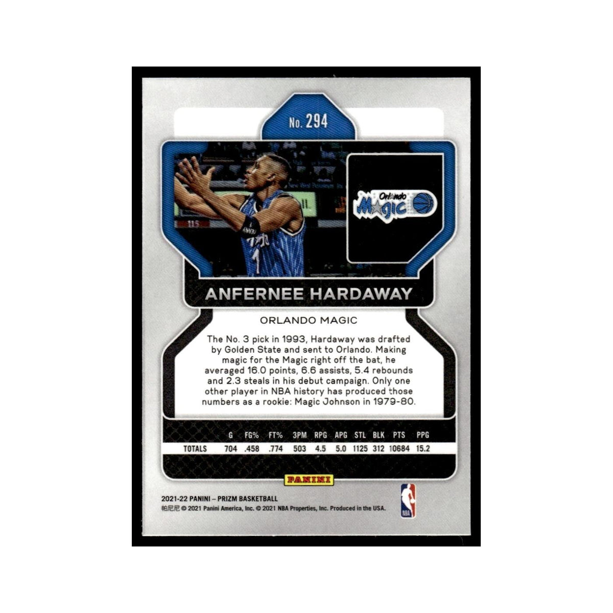 Anfernee Hardaway 2021 Panini Prizm #294 Orlando Magic Basketball Card NM