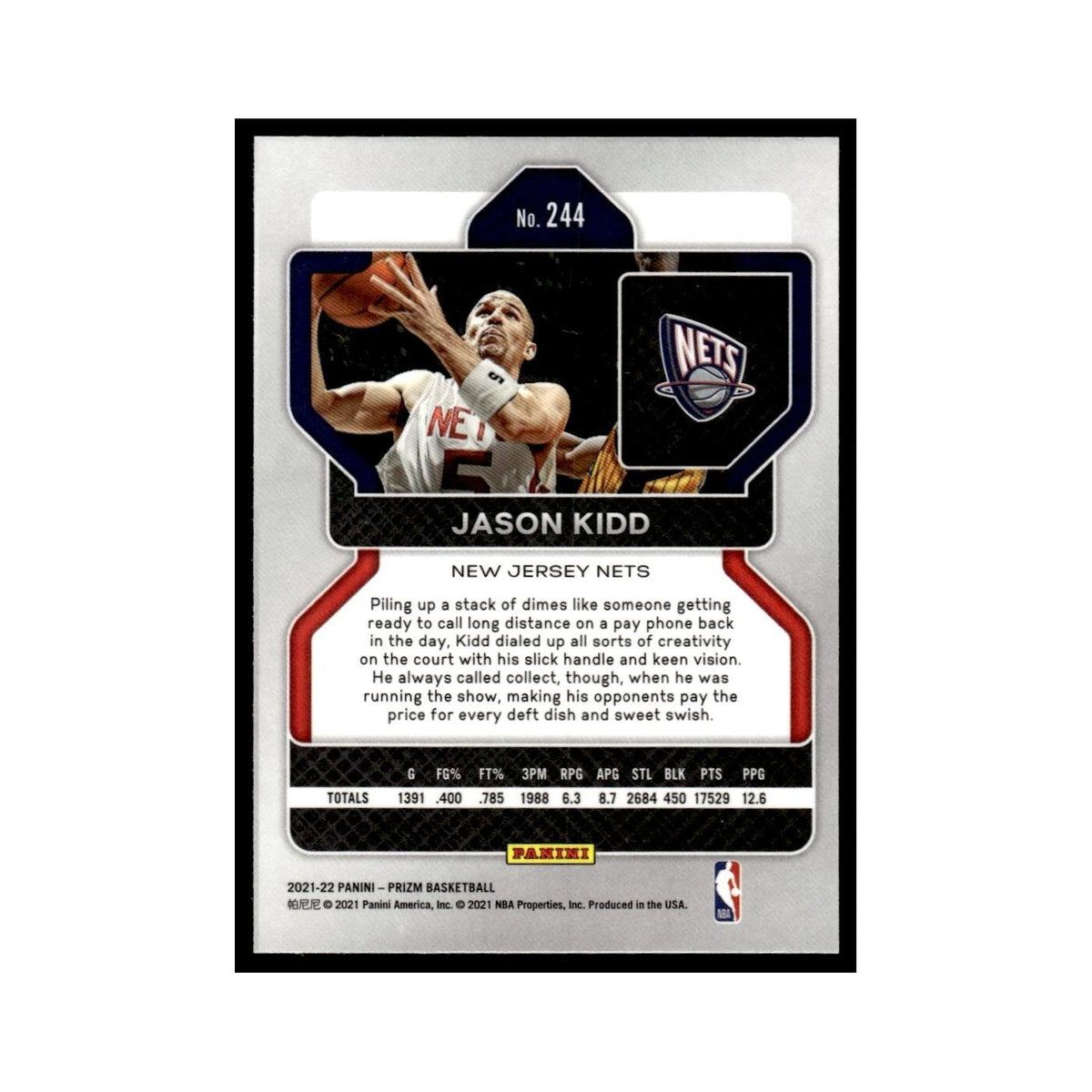 Jason Kidd 2021 Panini Prizm #244 New Jersey Nets Basketball Card NM