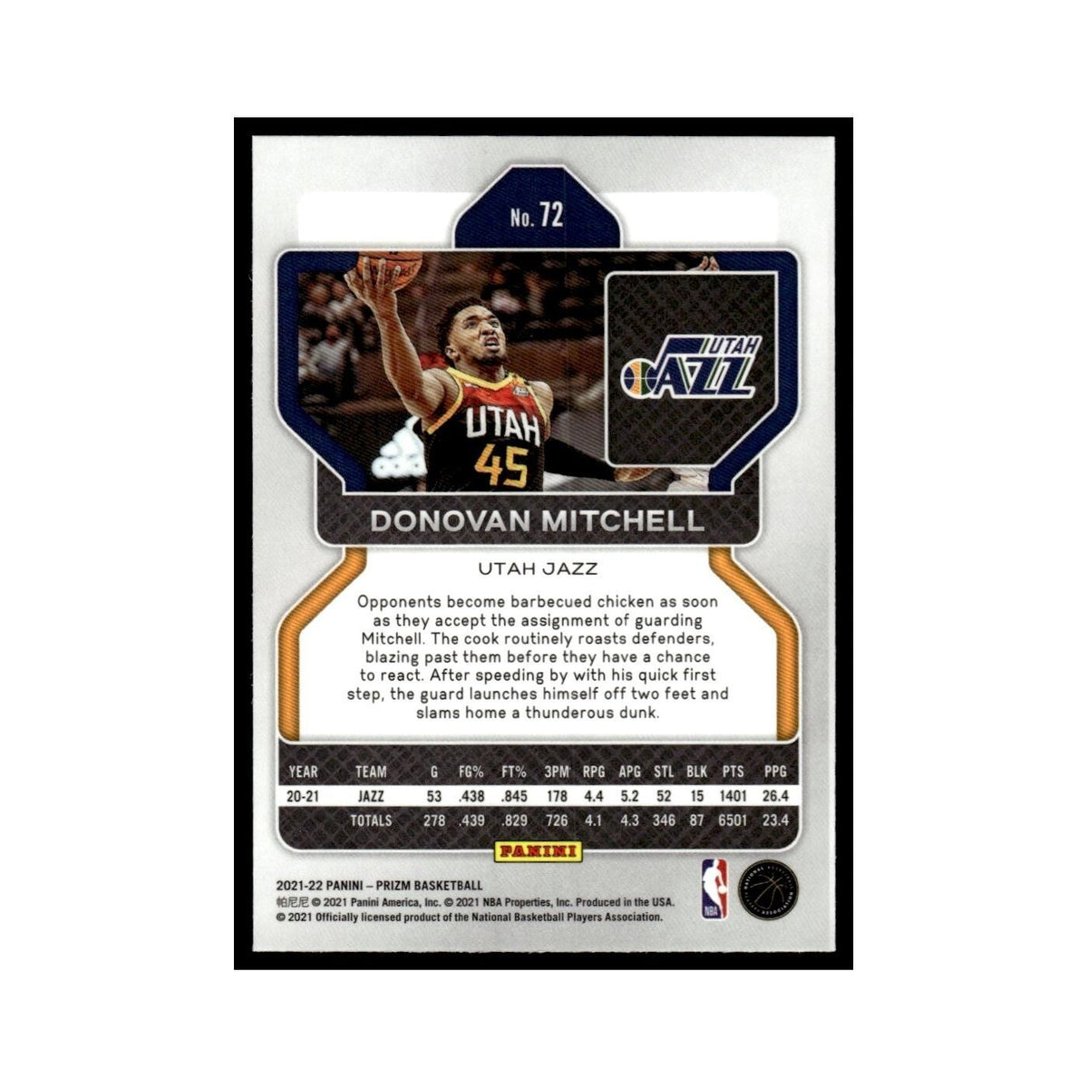 Donovan Mitchell 2021 Panini Prizm #72 Utah Jazz Basketball Card NM