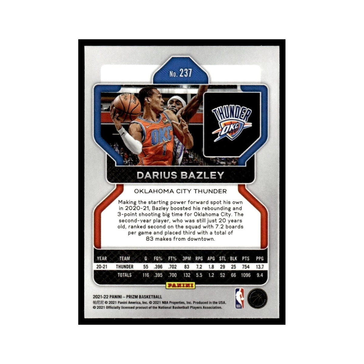 Darius Bazley 2021 Panini Prizm #237 Oklahoma City Thunder Basketball Card NM
