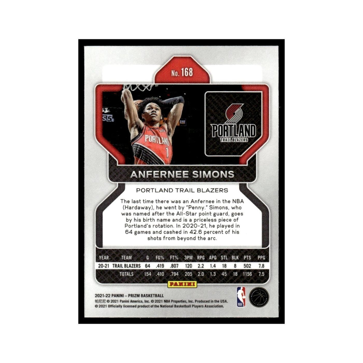 Anfernee Simons 2021 Panini Prizm #168 Portland Trail Blazers Basketball Card NM