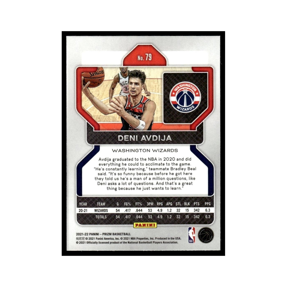 Deni Avdija 2021 Panini Prizm #79 Washington Wizards Basketball Card NM
