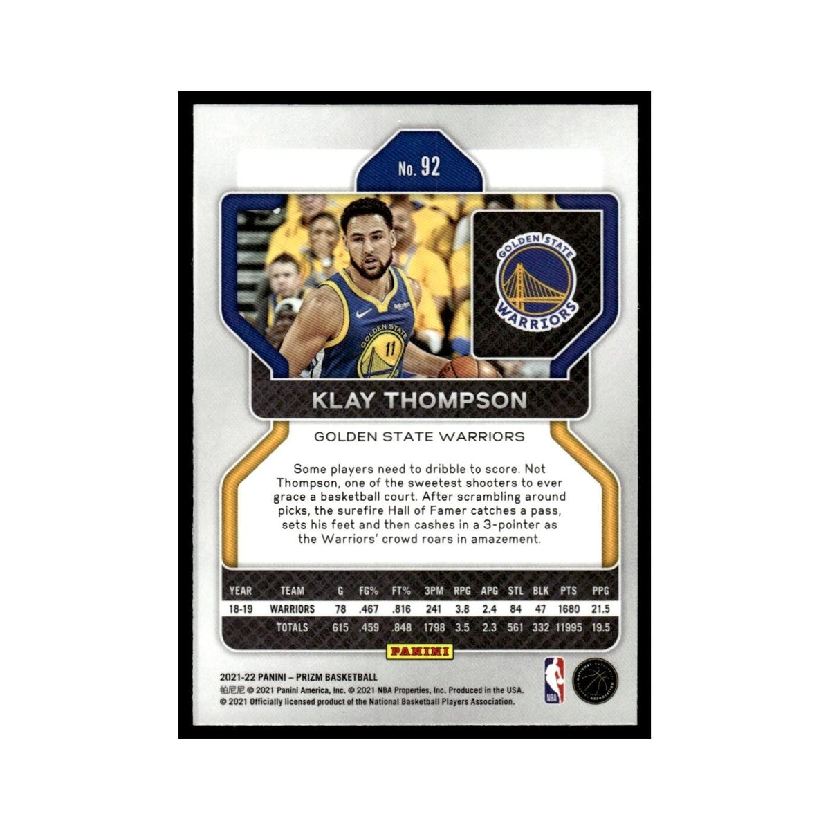 Klay Thompson 2021 Panini Prizm #92 Golden State Warriors Basketball Card NM