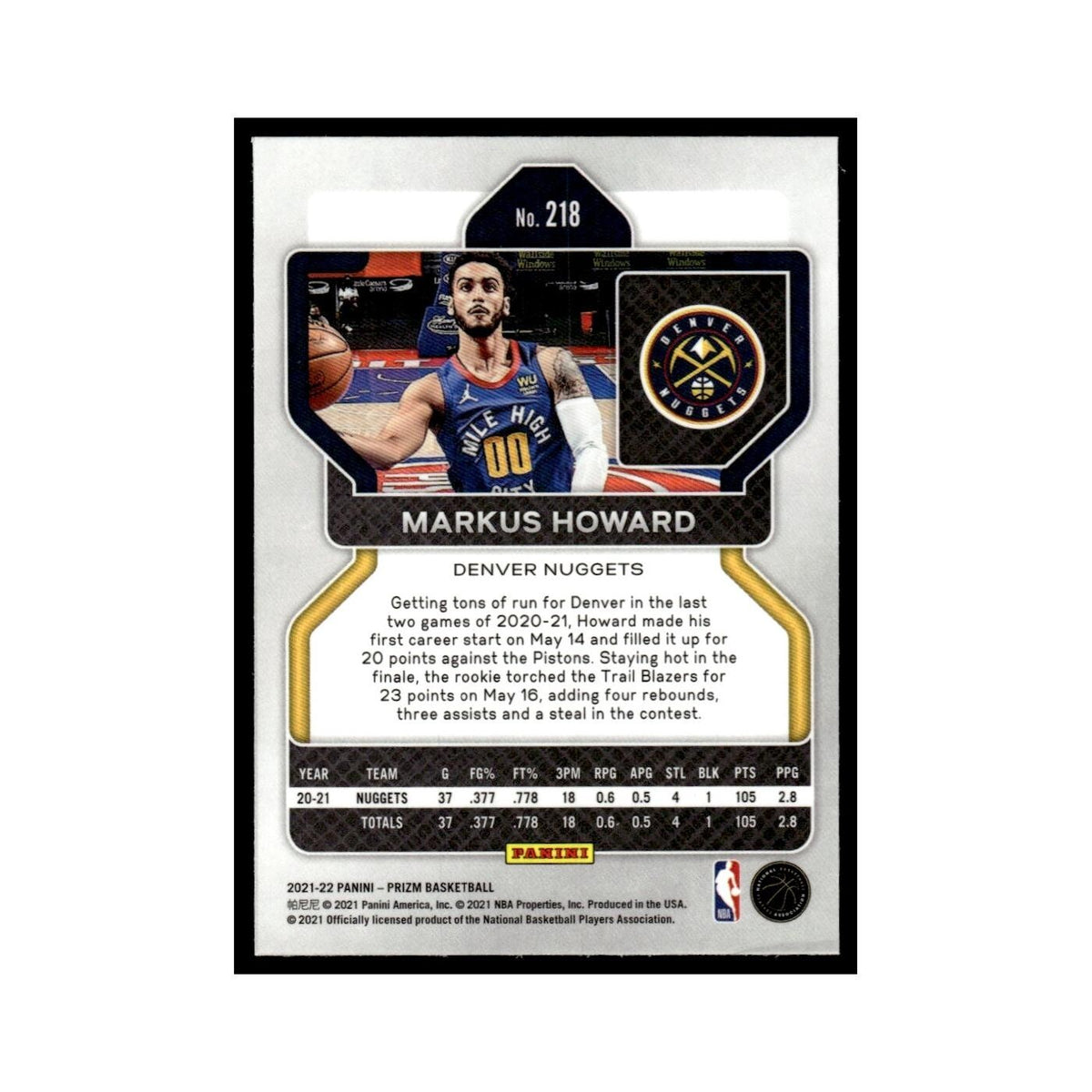 Markus Howard 2021 Panini Prizm #218 Denver Nuggets Basketball Card NM