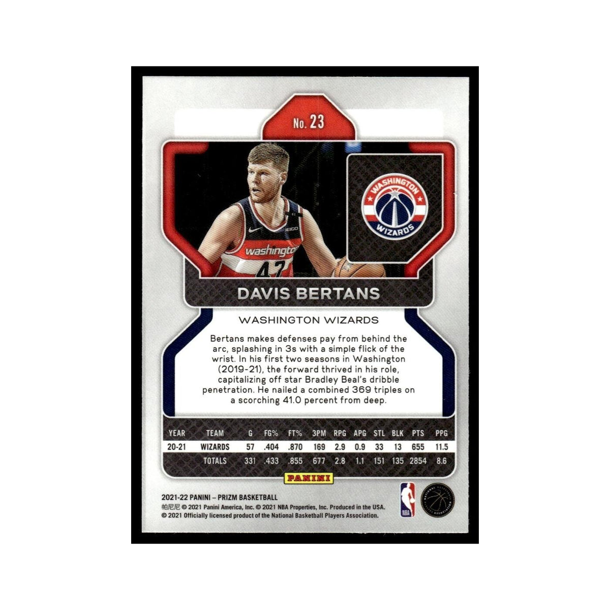 Davis Bertans 2021 Panini Prizm #23 Washington Wizards Basketball Card NM