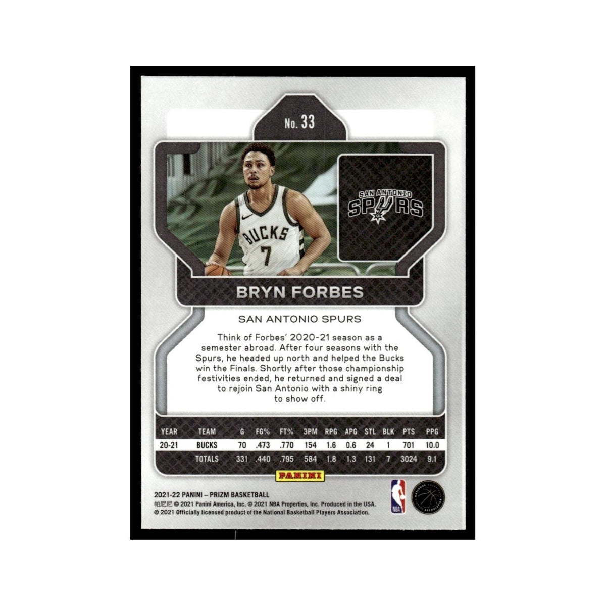 Bryn Forbes 2021 Panini Prizm #33 San Antonio Spurs Basketball Card NM