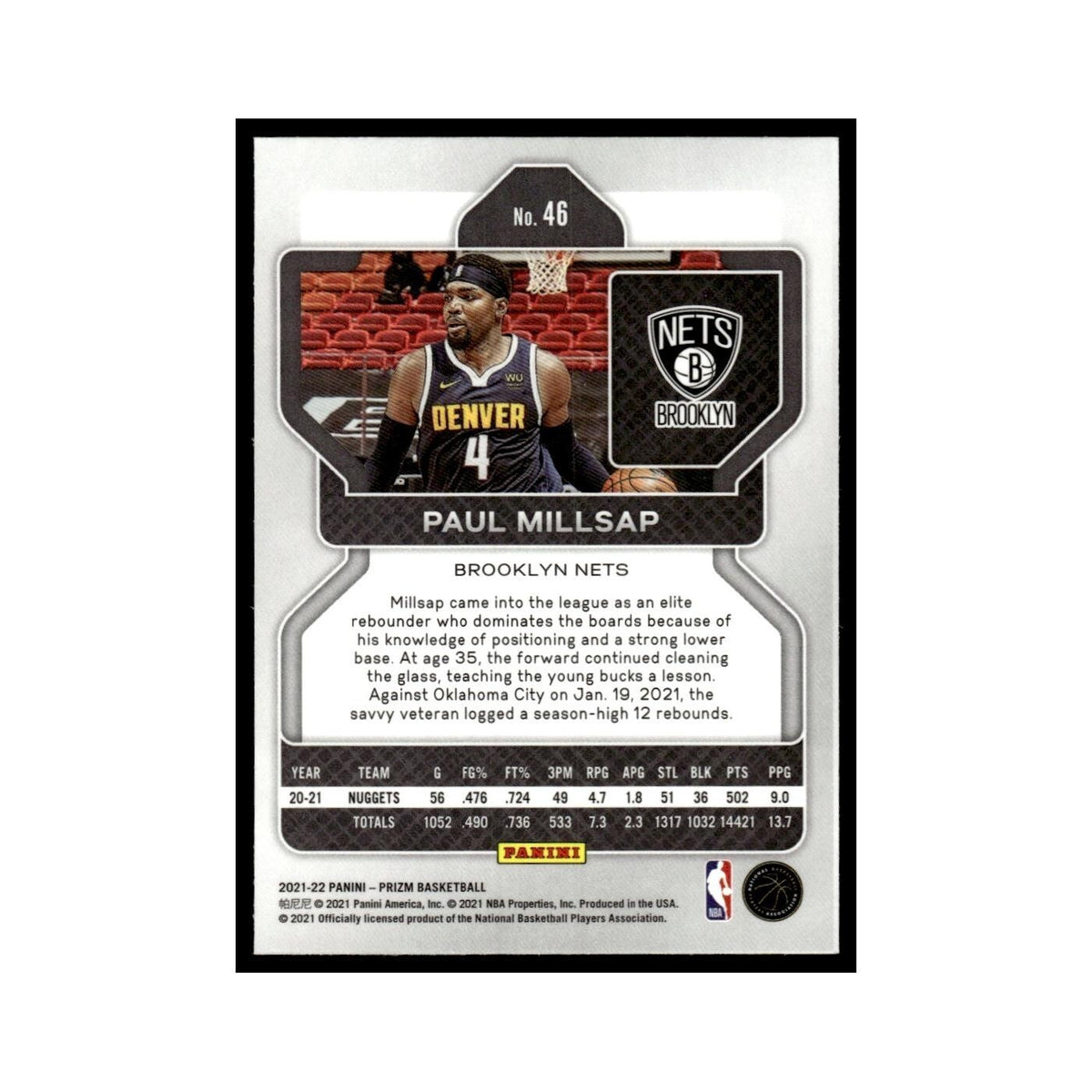 Paul Millsap 2021 Panini Prizm #46 Brooklyn Nets Basketball Card NM