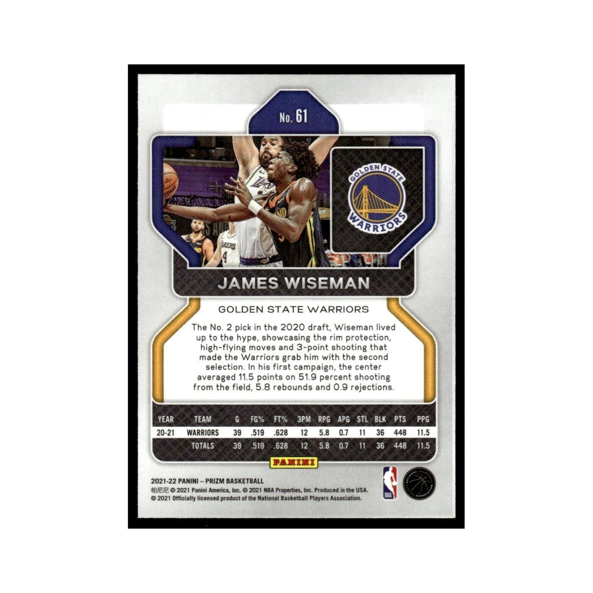 James Wiseman 2021 Panini Prizm #61 Golden State Warriors Basketball Card NM
