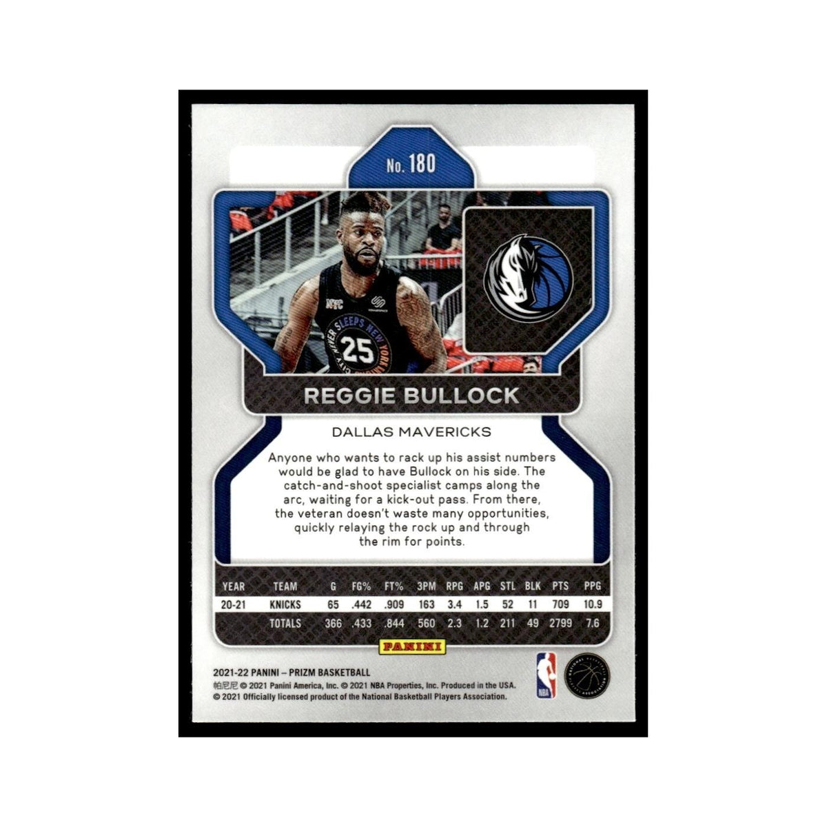 Reggie Bullock 2021 Panini Prizm #180 Dallas Mavericks Basketball Card NM