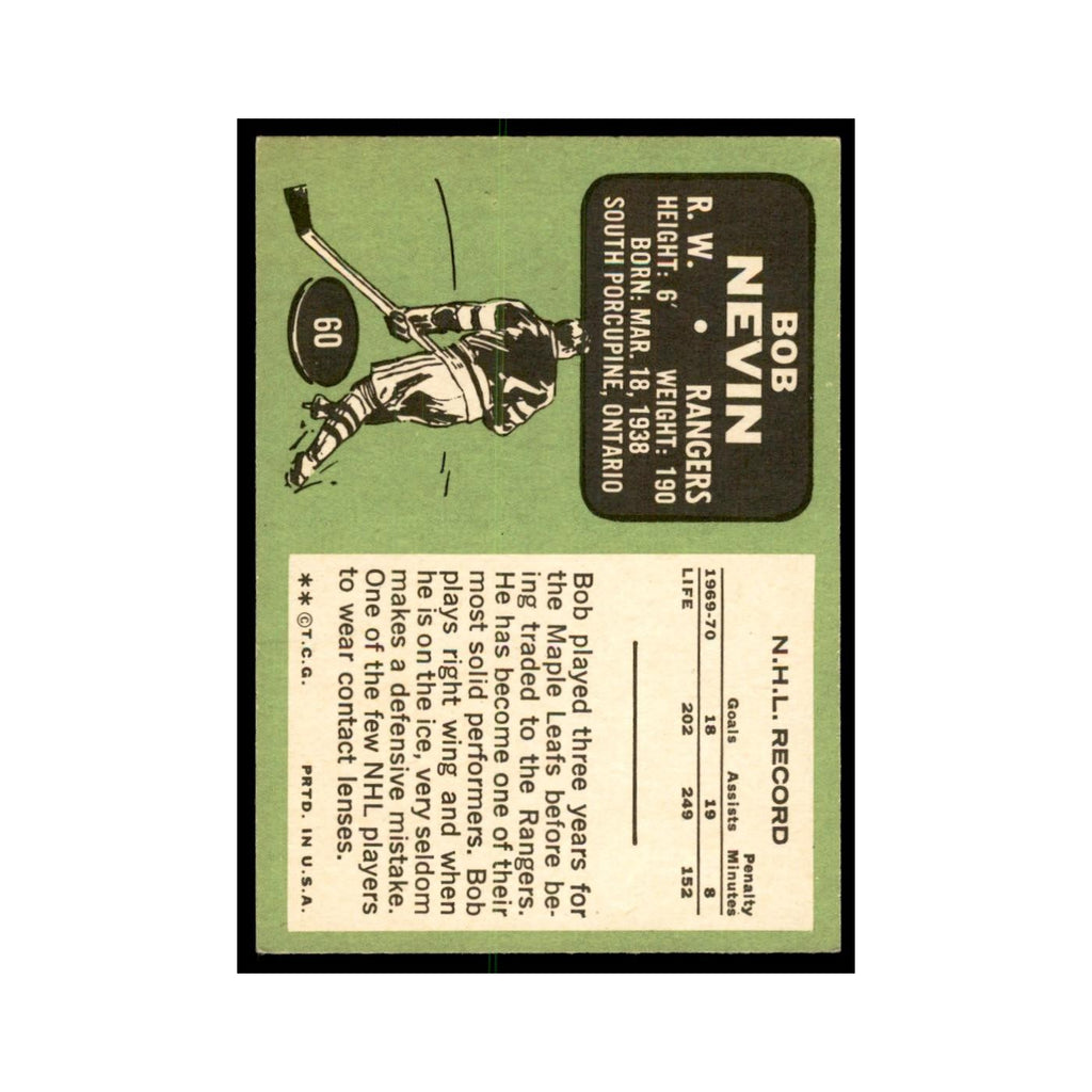 1970 Topps Bob Nevin New York Rangers #60