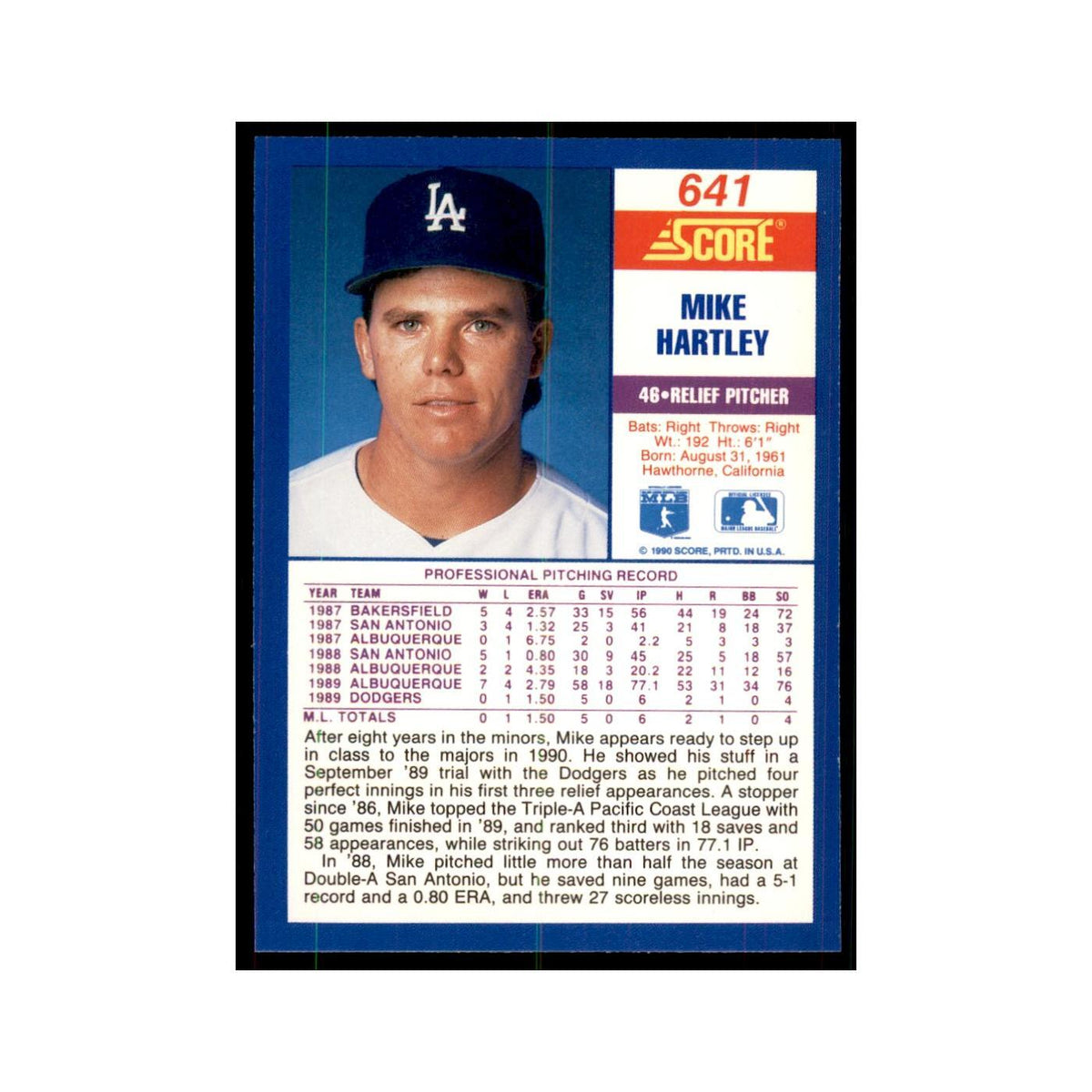 1990 Score Mike Hartley RC Baseball Cards #641