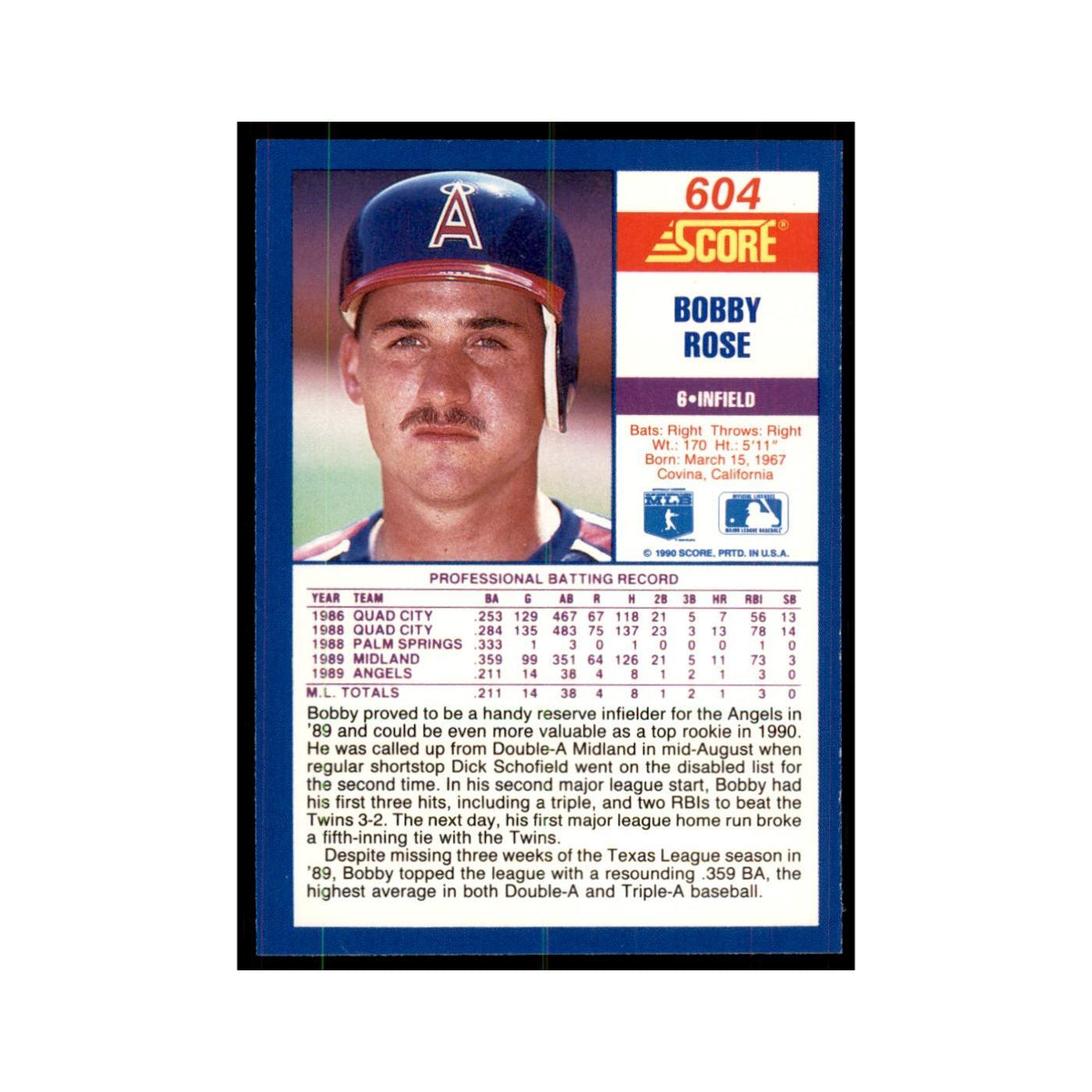 1990 Score Bobby Rose RC Baseball Cards #604