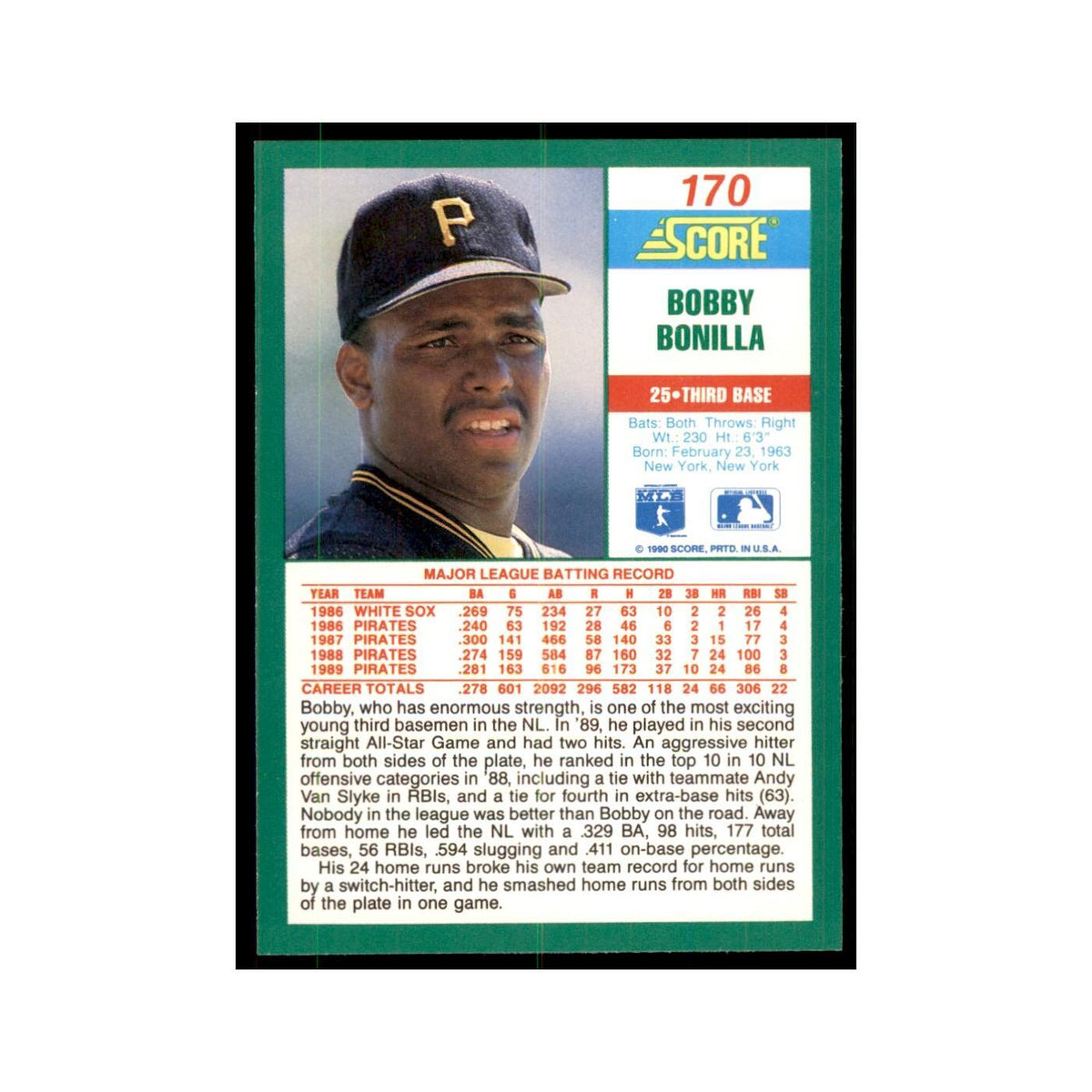 1990 Score Bobby Bonilla Baseball Cards #170